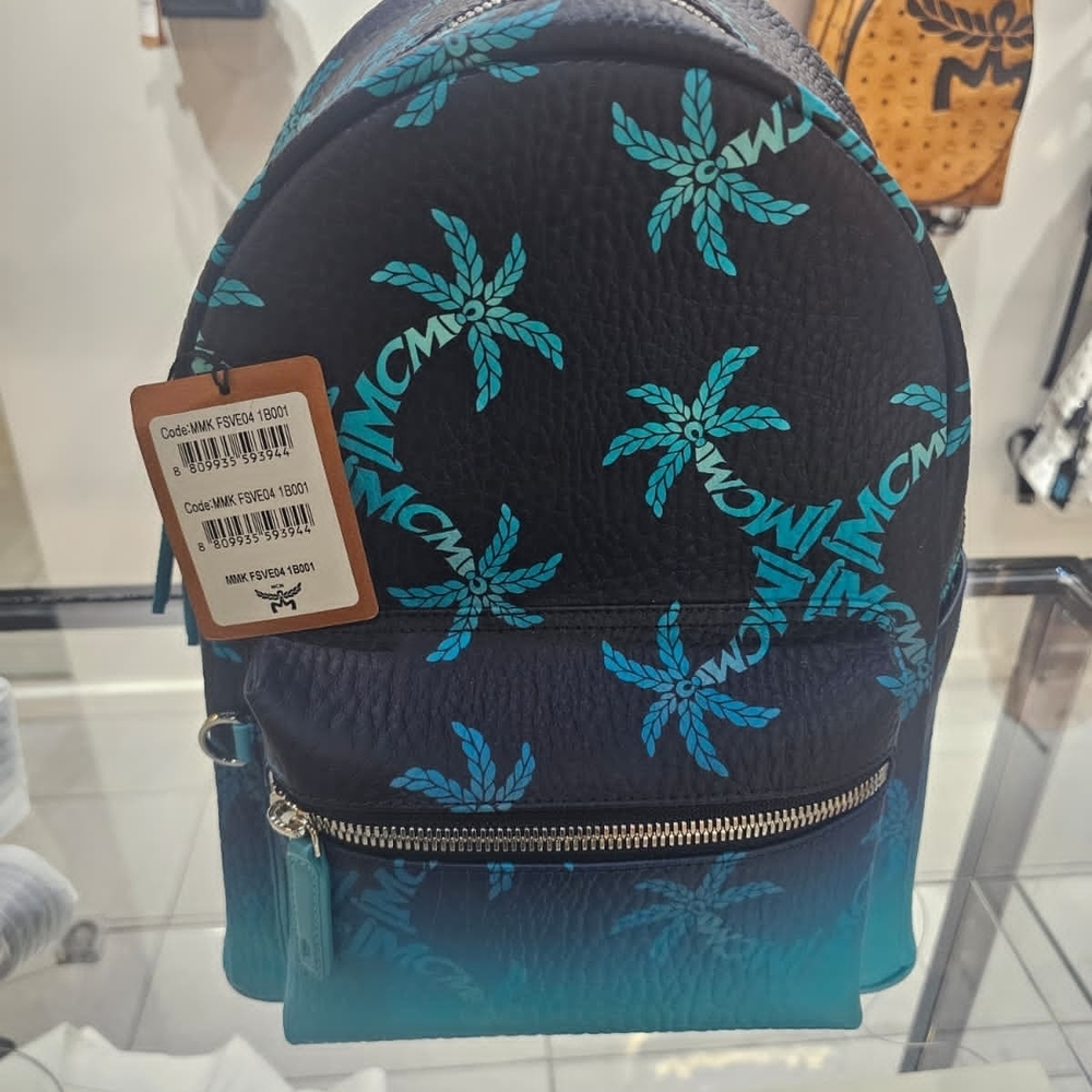 MCM Men’s Black & Teal Palm-Print Leather Backpack